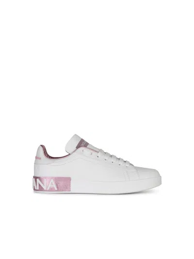 Dolce & Gabbana Portofino White And Pink Low Top Sneakers With Logo In Leather Woman In White