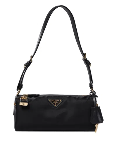 Prada Small Re-nylon And Leather Shoulder Bag With Padlock In Black