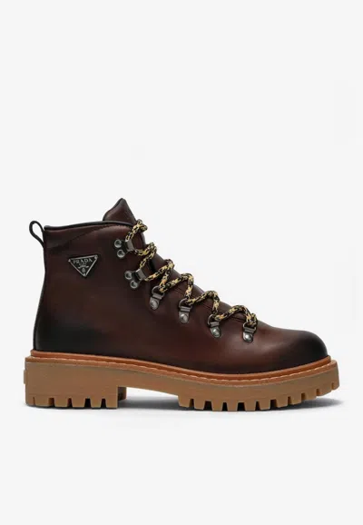 Prada Women's Ebony-coloured Leather Lace-up Boot In Brown
