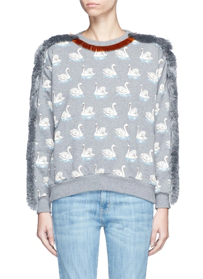 Shop Stella Mccartney Fringe Trim Swan Print Cotton Sweatshirt