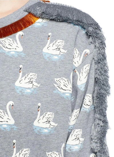Shop Stella Mccartney Fringe Trim Swan Print Cotton Sweatshirt