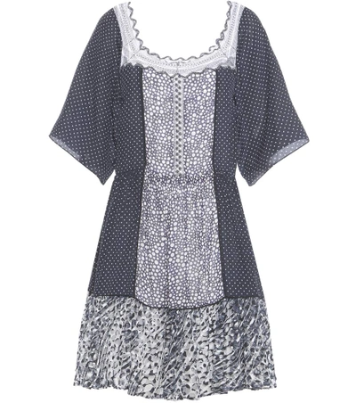 Chloé Printed Cotton-blend Dress With Embroidered Tulle In Navy