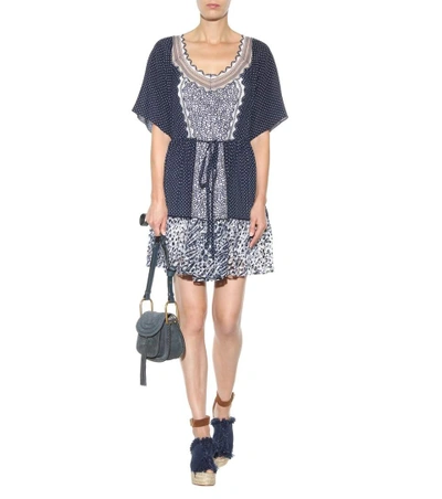 Shop Chloé Printed Cotton-blend Dress With Embroidered Tulle In Blue