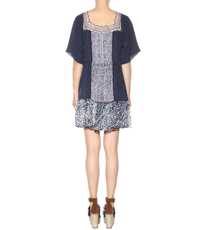 Shop Chloé Printed Cotton-blend Dress With Embroidered Tulle In Blue