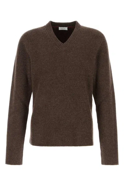 Ferragamo Earthy Ribbed V-neck Wool Sweater In Brown