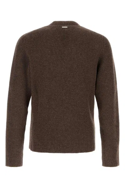 Ferragamo Earthy Ribbed V-neck Wool Sweater In Brown