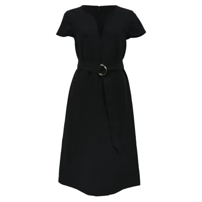 Ferragamo V-neck Belted Dress In Black Wool In Black