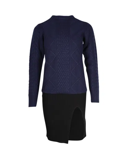 Sacai Textured Knit Side Slit Mini Dress In Navy Blue And Black Wool In Blue