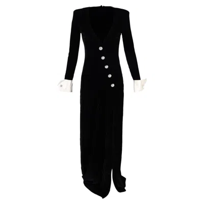 Alessandra Rich Maxi Deep V-neck Embellished Gown With Slit In Black Velvet In Black