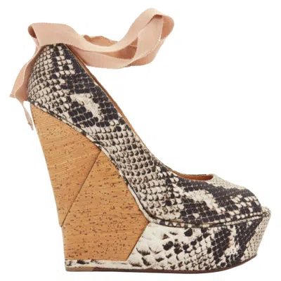 Lanvin Alber Elbaz Scaled Leather Print Wedge Ribbon Ankle Strap Heel In Multi