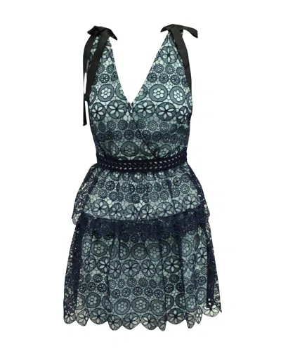 Self-portrait Tiered Bow-detailed Mini Dress In Blue Polyester Guipure Lace In Blue