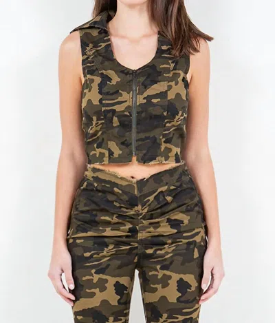 American Bazi Zip Up Crop Denim Vest In Olive Camo In Green