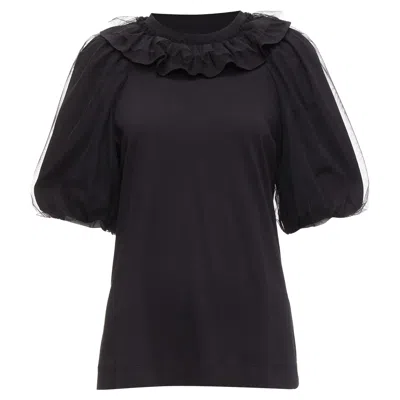 Simone Rocha Sheer Overlay Puff Sleeves Ruffle Tshirt In Black