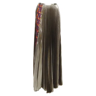 Versace Metallic Silk-lame Baroque Trim Pleated Full Skirt In Gold