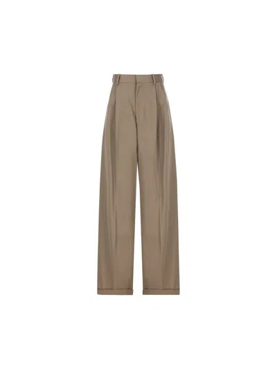 Loewe Pleated Trousers In Cotton And Silk In Khaki Brown