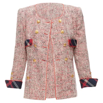 Pre-owned Chanel Red Boucle Tweed Gold Button Double Breast Blazer Jacket