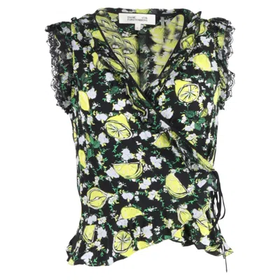 DIANE VON FURSTENBERG DIANE VON FURSTENBERG PEONA LEMON-PRINT WRAP BLOUSE TOP IN MULTICOLOR SILK 