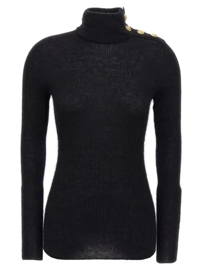Balmain Buttoned High-neck Velvet Top In Black
