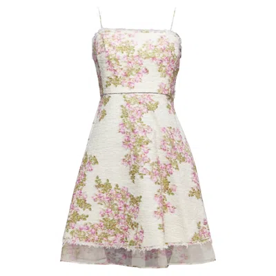 Giambattista Valli Floral Cotton Tweed Sheer Hem Dress In White