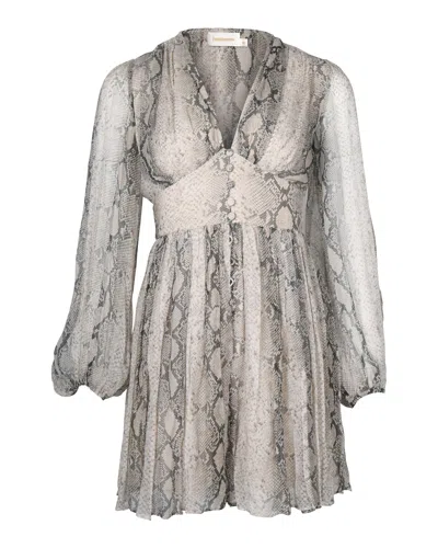 Zimmermann Corsage Long-sleeve Fluted Romper In Snake-print Silk In Multi