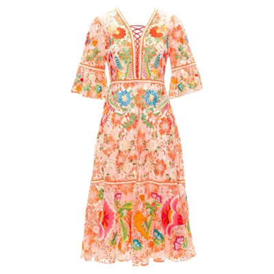 Vivienne Tam Floral Cotton Lace Laced Up Midi Dress In Orange