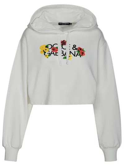 Dolce & Gabbana Floral Logo-print Cropped Cotton Hoodie In White