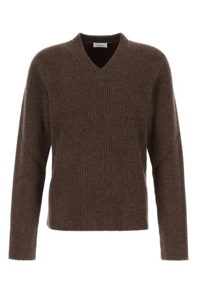 Ferragamo Earthy Ribbed V-neck Wool Sweater In Brown