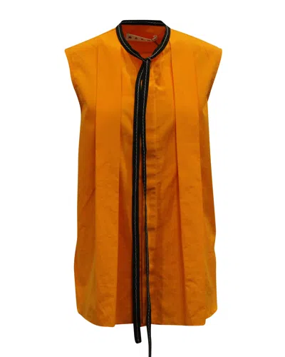 Marni Pleated Front Blouse With Neck Bow In Orange Cotton In Orange