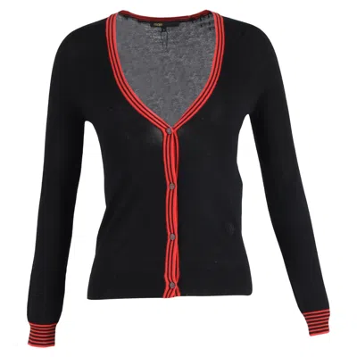 Maje Knitted Button-down V-neck Cardigan In Black And Red Wool In Black