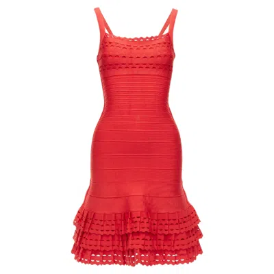 Herve Leger Cut Out Tiered Ruffle Hem Bandage Fit Flared Dress In Red