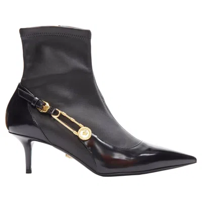 Versace Medusa Punk Safety Pin Leather Kitten Heel Bootie In Black