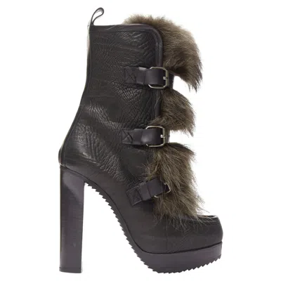 Pierre Hardy Grained Leather Fur Trio Buckle Platform Boot In Black