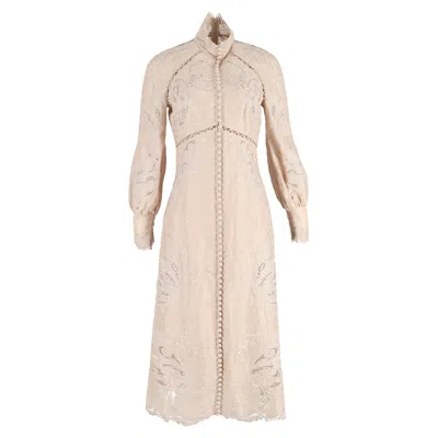 Zimmermann Super Eight Embroidered Midi Long Sleeve Dress In Beige Linen In Beige