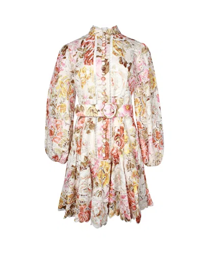 Zimmermann Bonita Floral-print Broderie Anglaise Belted Mini Dress In Multicolor Linen In Multi