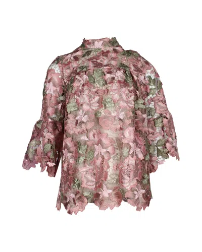 Anna Sui Mock Neck Floral Lace Blouse In Pink Polyester In Pink