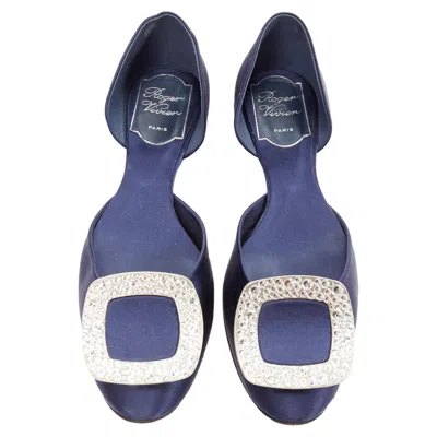 Roger Vivier Chips Strass Satin Crystal Square Buckles Flat Shoes In Blue