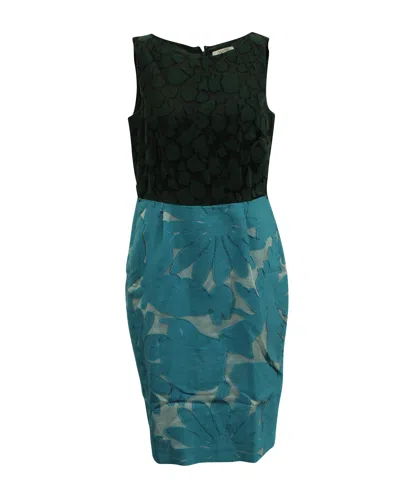 Shop Max Mara Floral Color Block Midi Dress In Black And Blue Cotton In Multi
