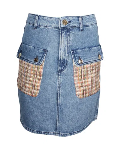 Sandro Fiorina Tweed-paneled Denim Skirt In Blue Cotton In Blue
