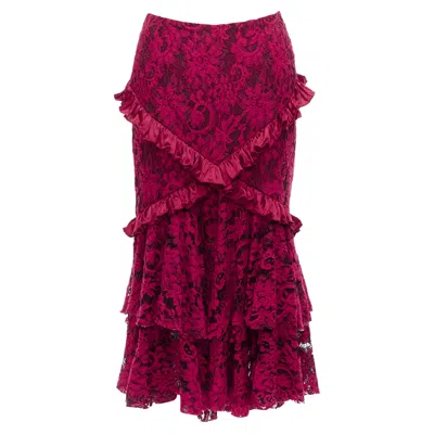 Romance Was Born Cotton Silk Blend Floral Lace Bias Ruffle Midi Skirt In Red