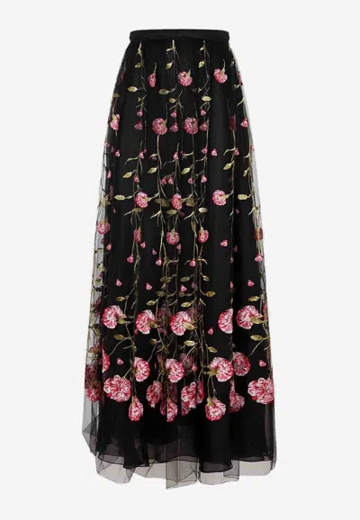Giambattista Valli Floral-embroidered Tulle Maxi Skirt In Black