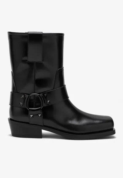 Valentino Garavani Women Biker Leather Boots With Iconic Studs In Black
