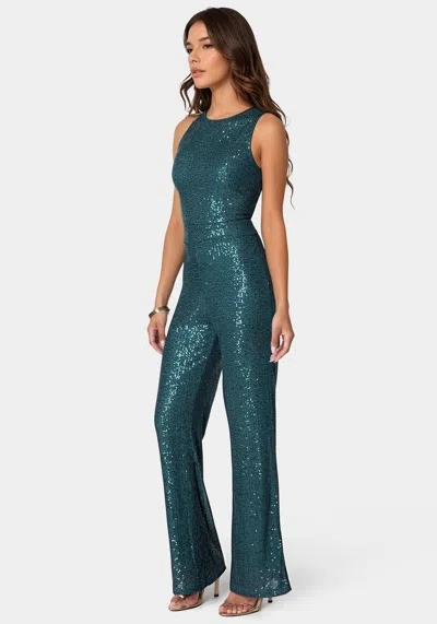 Bebe Sequin Jumpsuit In Crystal Teal