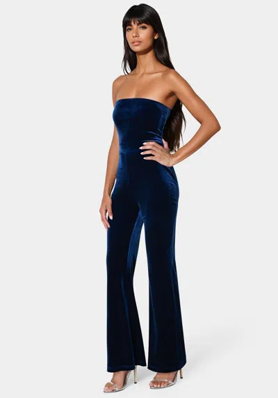 Bebe Strapless Velvet Jumpsuit In Sapphire