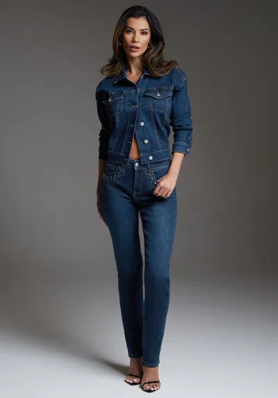 Bebe Denim Jacket Embellished With Crystals By Swarovski In Indigo Wash