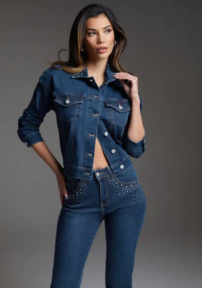 Bebe Denim Jacket Embellished With Crystals By Swarovski In Indigo Wash