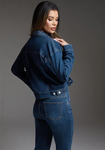 Bebe Denim Jacket Embellished With Crystals By Swarovski In Indigo Wash
