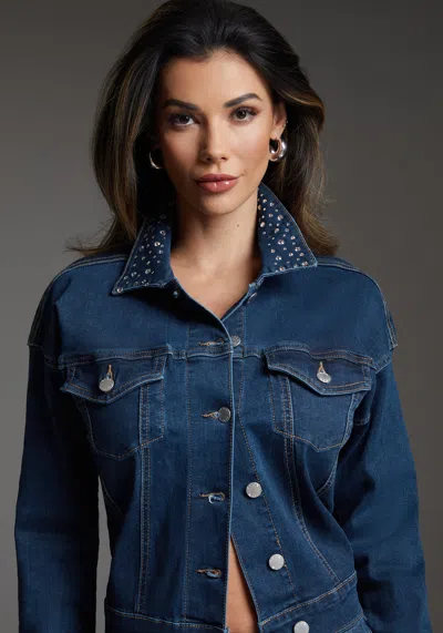 Bebe Denim Jacket Embellished With Crystals By Swarovski In Indigo Wash