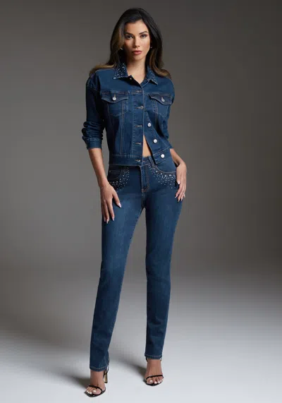 Bebe Slim Jean Embellished With Crystals By Swarovski In Indigo Wash