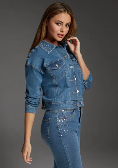 Bebe Denim Jacket Embellished With Crystals By Swarovski In Medium Blue Wash