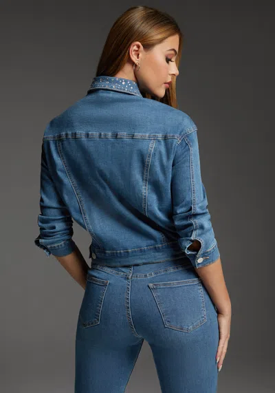 Bebe Denim Jacket Embellished With Crystals By Swarovski In Medium Blue Wash